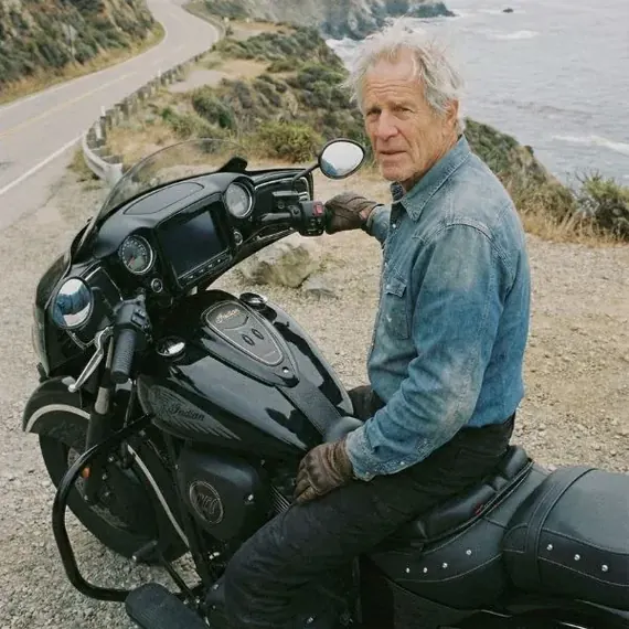 Serge H. sur son Indian, sur une route côtière