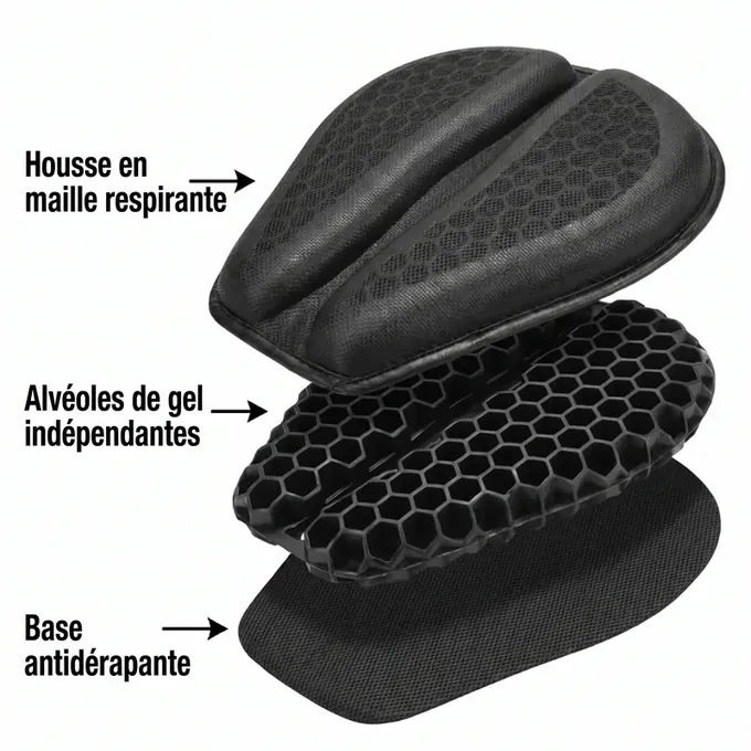 Vue éclatée : housse en maille respirante, alvéoles de gel indépendantes, base antidérapante